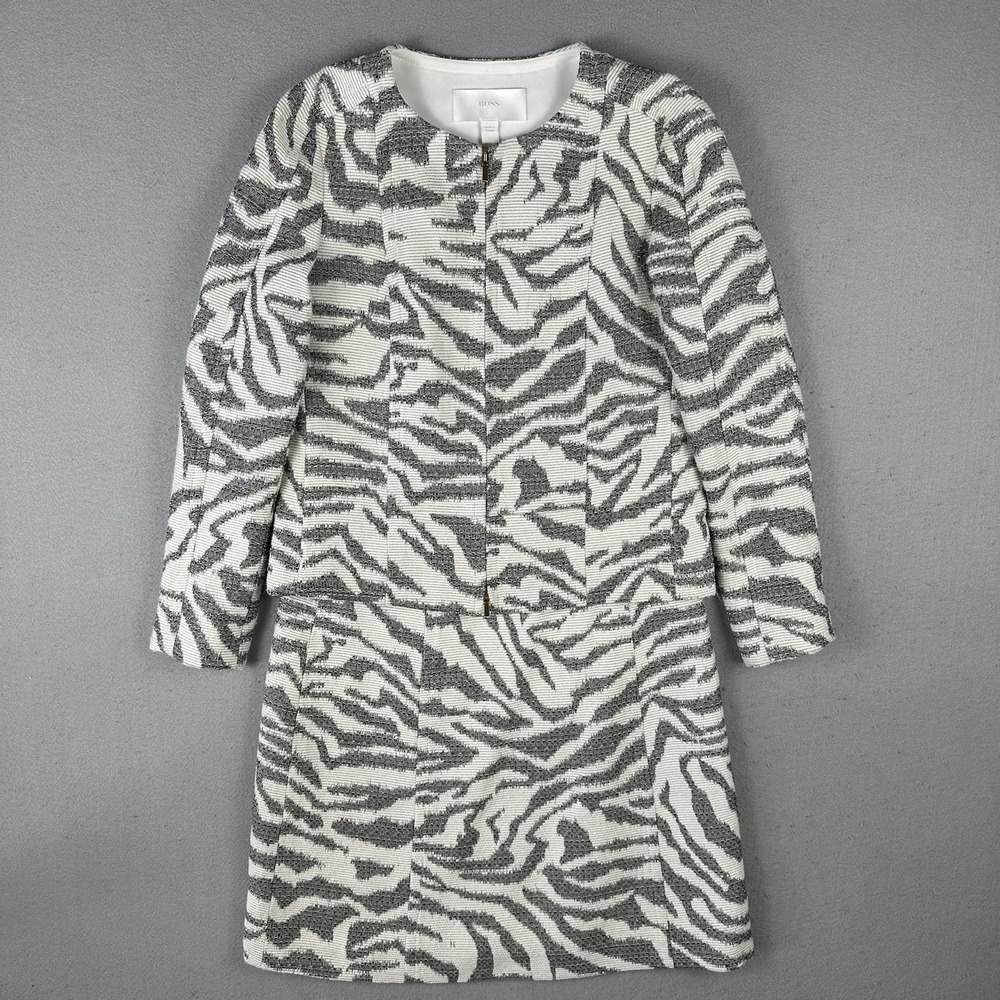 Boss Hugo Boss Skirt Suit Women's US 2 White Black Knit Abstract Full Zip Zebra